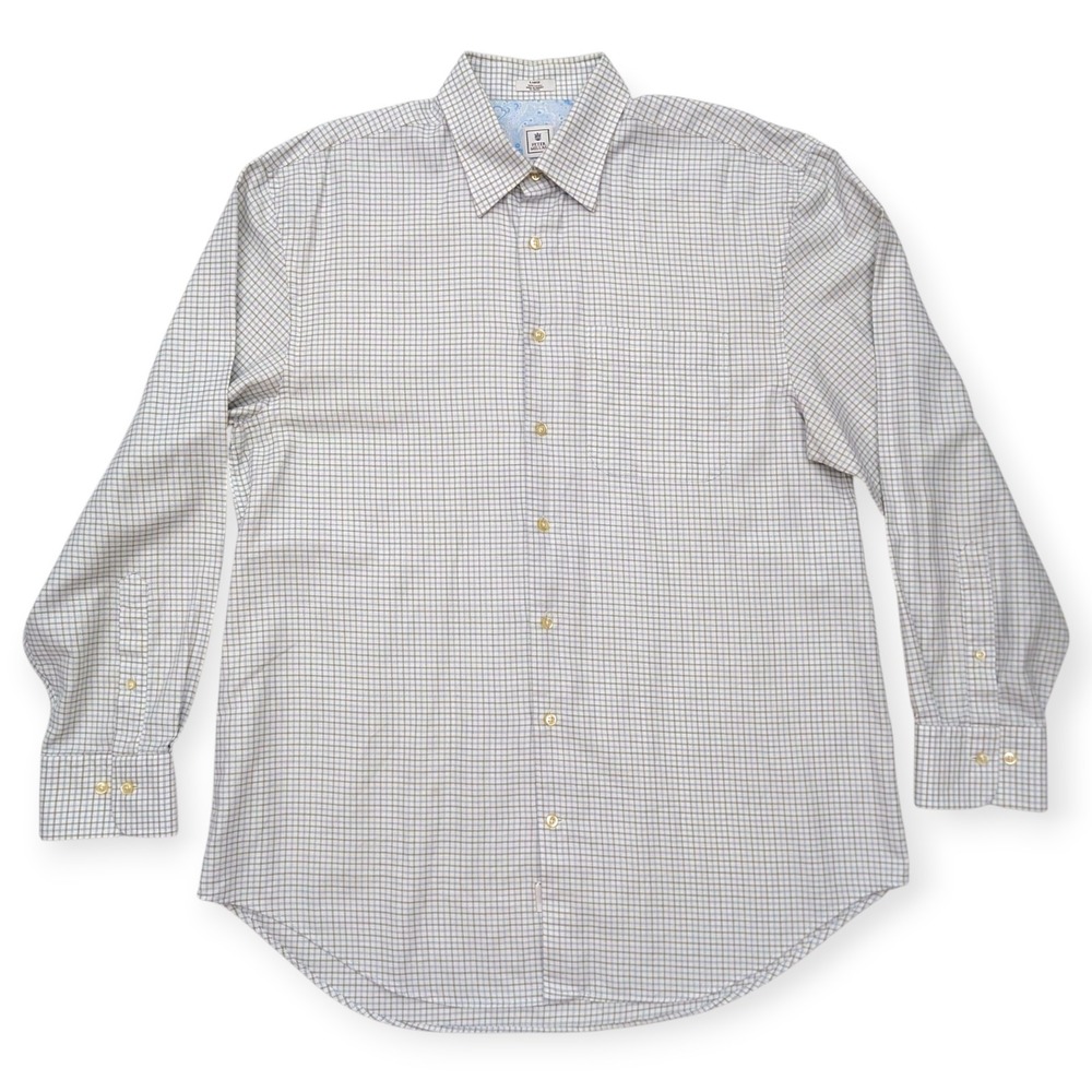Peter Millar 100% Linen Shirt Mens L (XL) Tan Plaid Check Long Sleeve Button Up